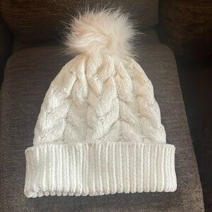 New Without Tags~Woman’s Cream Sonoma Soft Beanie With Cream Fuzzy Pom Pom Hat